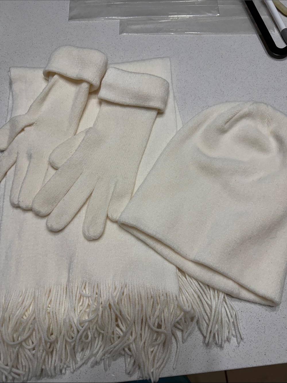 Women's Cream Knit Hat, Gloves & Scarf Set - Classic Winter Accessories